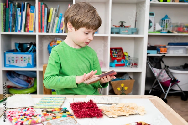 Obraz Cards of different textures. Sensory device for infants or children with disabilities. occupational therapy, autism, special needs,