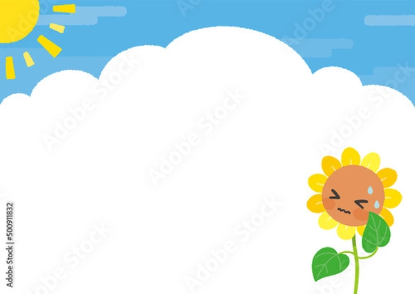 Obraz 夏空とかわいいひまわりの背景(太陽あり)　キャラクター　汗　横型