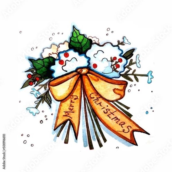 Fototapeta Christmas composition of ornaments, berries and leaves, cones, branches, bows and beads.