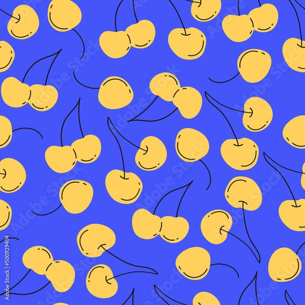 Fototapeta Printable seamless pattern of yellow ripe hand drawn cherries on blue background. Trendy colors with doodle fruits.