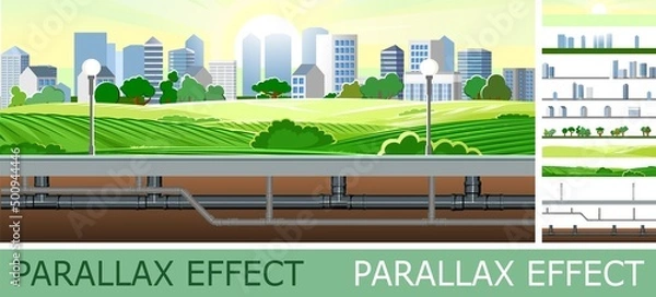 Fototapeta Pipeline for various purposes with parallax effect. Beautiful city landscape. Underground part of system. Illustration vector