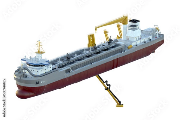 Fototapeta A technical fleet vessel designed for dredging and extraction of non-metallic construction materials. Hopper dredger. Isolated on white. 3d-rendering