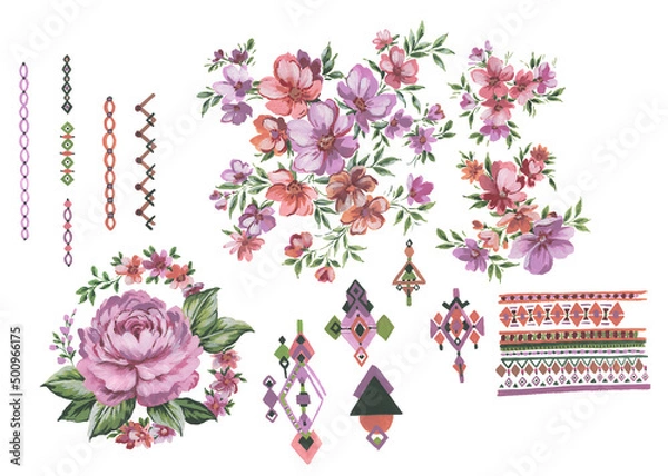 Fototapeta artsitc hand painted set with flower motifs, border, gemoetric and tile motifs. In muted pink , beige, olive green colors. Large scale peony flower in a circle of flowers and ditsy flowers.