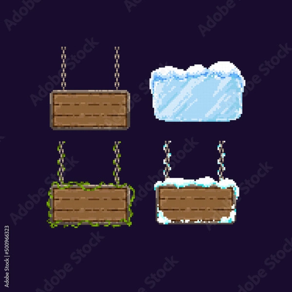Fototapeta Pixel art set signboards. Variants for different seasons. Place for inscription. For games and mobile applications.