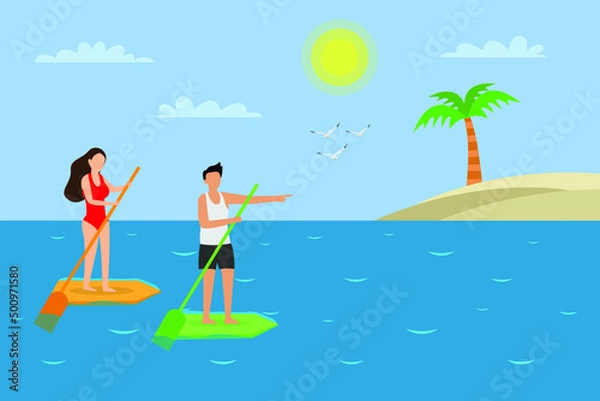 Fototapeta Summer holiday vector concept. Young couple standing on the paddle board while enjoying summer holiday at tropical beach