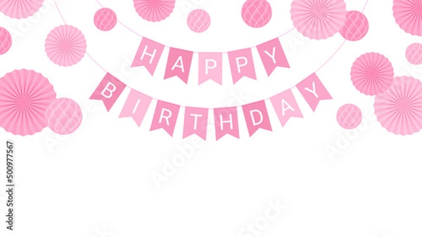 Fototapeta 誕生日パーティーの紙の飾り_ペーパーファンとハニカムボールのフレーム_16:9