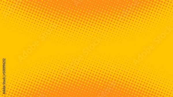 Fototapeta Bright orange and yellow pop art background in retro comics book style. Cartoon superhero background with halftone dots gradient, vector illustration eps10