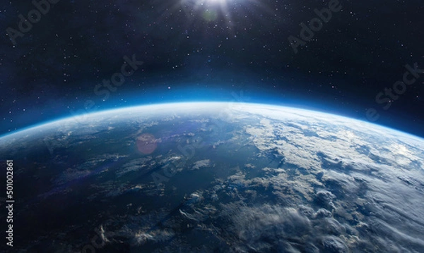 Fototapeta Earth surface view from orbit in space. Blue planet. Clouds and sky on horizon. Elements of this image furnished by NASA