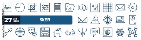 Fototapeta set of web web icons in outline style. thin line icons such as on slider, sliders, engine, message closed envelope, land, downloading file, communication tool, darkness vector.