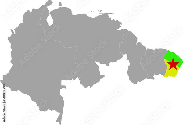 Fototapeta Map of French Guiana with national flag within the gray map of the northern region of South America