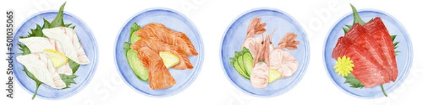 Obraz 小皿に盛り付けたお刺身の手描き水彩風イラスト