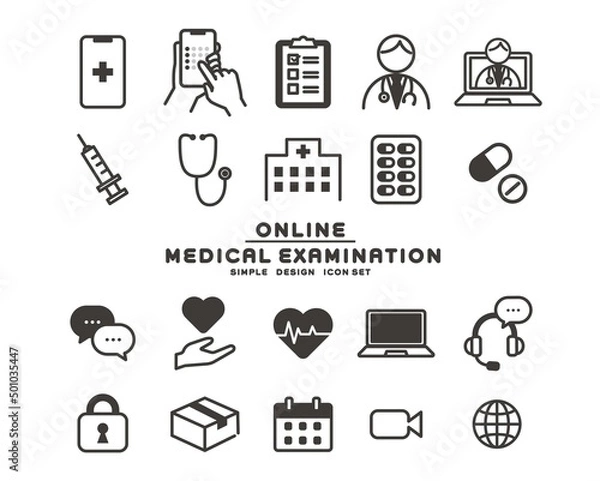 Fototapeta シンプルで使いやすいオンライン診察、診断のアイコンのベクターイラスト素材／医療／薬