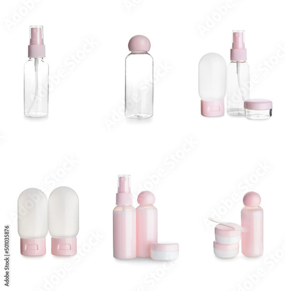 Fototapeta Set of cosmetic bottles and jars isolated on white
