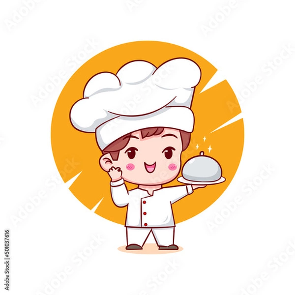 Fototapeta Cute cartoon character of chef. Hand drawn chibi character isolated background.
