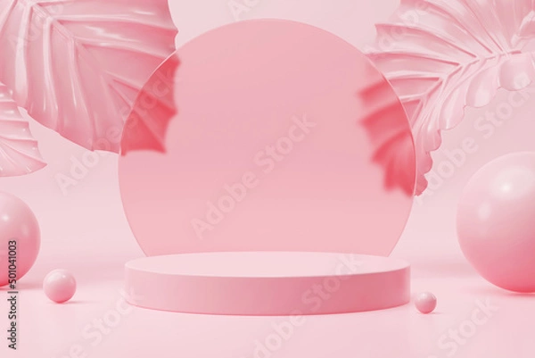 Fototapeta Mock up of geometry podium with surreal pink leaf for product presentation on pink background. 3d rendering.