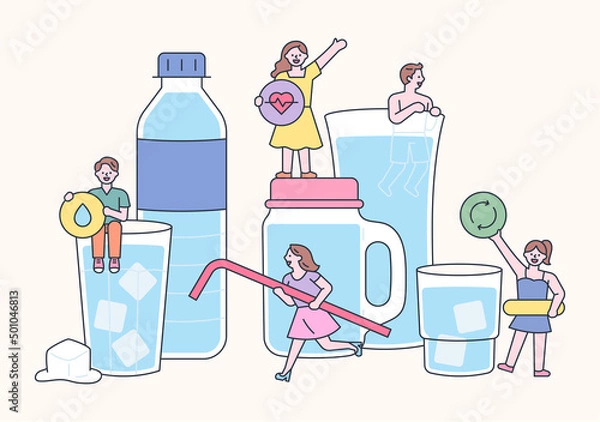 Fototapeta Water in a large cup and bucket of water. Little people greeting with water and health icons. flat design style vector illustration.