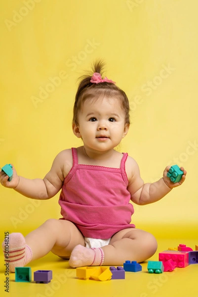 Fototapeta A 1 years old girl is playing with a children's multi-colored constructor. The girl is sitting on a yellow background in a diaper.