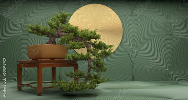 Fototapeta Bonsai Tree na zielonym tle. Renderowanie 3D
