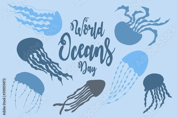 Fototapeta World Oceans Day on June 8. Silhouettes of jellyfish on a blue background.