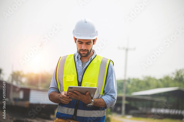 Fototapeta Railway engineer caucasian man are on duty and discussed by using tablet in the job site of train garage.