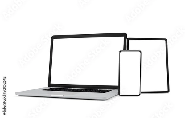 Fototapeta Laptop, smart phone and tablet with blank screen isolated on white background, 3d illustration, clipping path.