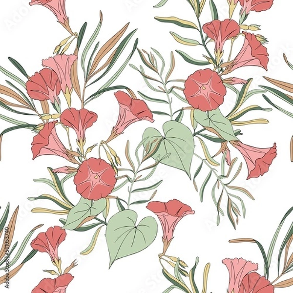 Fototapeta Tropical leaves and flowers . Seamless vector pattern