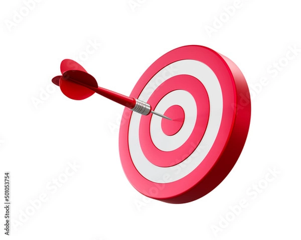 Fototapeta Red arrow aim to dartboard target or goal of success, business achievements concept. 3d illustration.