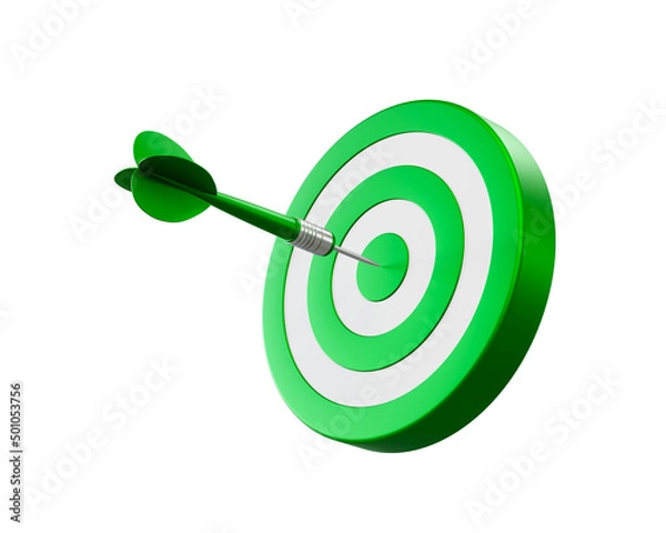 Fototapeta Green arrow aim to dartboard target or goal of success, business achievements concept. 3d illustration.