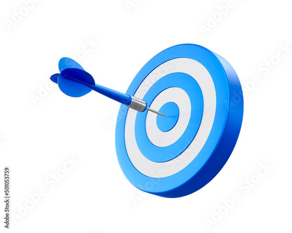 Fototapeta Blue arrow aim to dartboard target or goal of success, business achievements concept. 3d illustration.