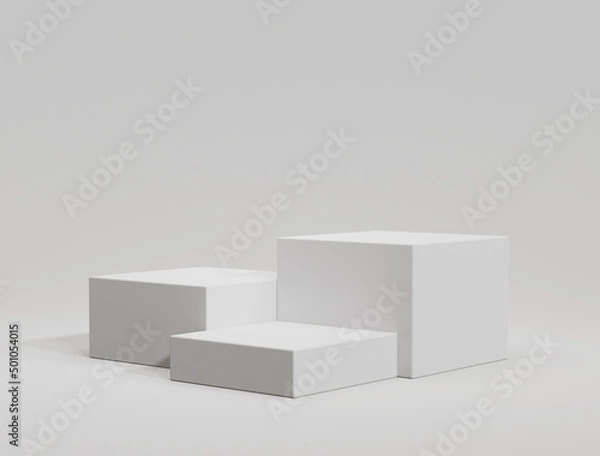 Fototapeta Three white cube podium for product display. scene with geometrical forms. empty showcase, 3d rendering.