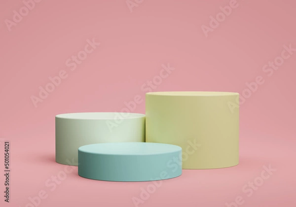 Fototapeta Colorful cylinder podium for product display. scene with geometrical forms. empty showcase, 3d rendering.
