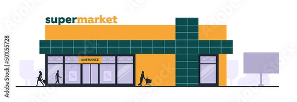 Obraz People and shopping. Shop building on the street. Supermarket. Architecture. Vector image.