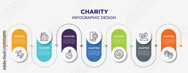 Obraz charity concept infographic design template. included loudspeaker, shelter, enviromental protection, charity app, clean water, reforestation, dog pawprint icons for abstract background.