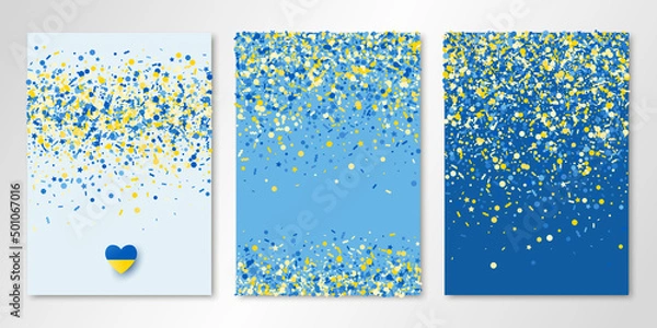 Fototapeta Banners set with blue yellow confetti and paper heart in Ukrainian flag colors on three sheets. Vector templates for cards, brochure design, certificates, flyers