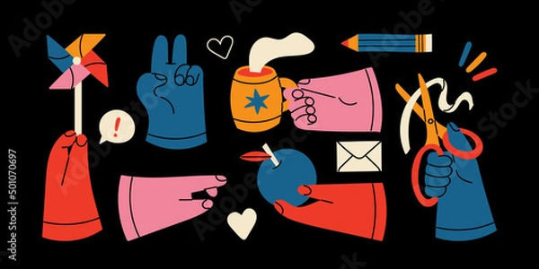 Fototapeta Set of contrasting hands with different gestures and positions. The limbs of the body hold objects. Cup with hot drink, apple, scissors with ribbon, windmill in hand. Isolated flat style stickers.