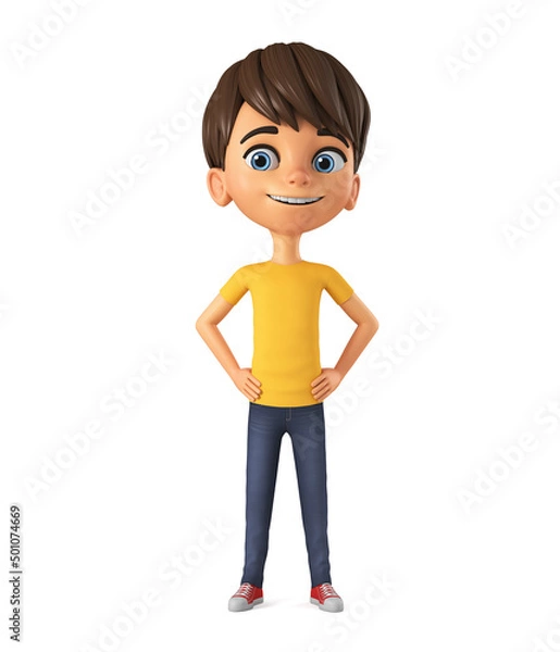 Fototapeta Cheerful boy character in a yellow t-shirt on a white background. 3d render illustration.