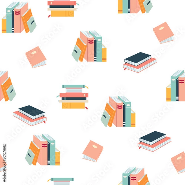 Fototapeta Seamless pattern with books in cartoon flat style. Vector illustration of colorful dictionary, encyclopedias, planner on white background