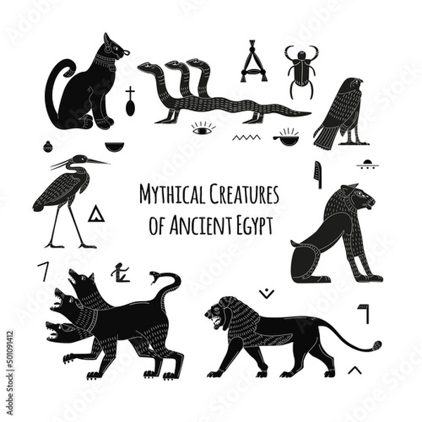 Fototapeta Egyptian mythological animals. Ancient gods and creatures. Lion, Cerberus, Egyptian writing and symbols. A set of flat vector elements