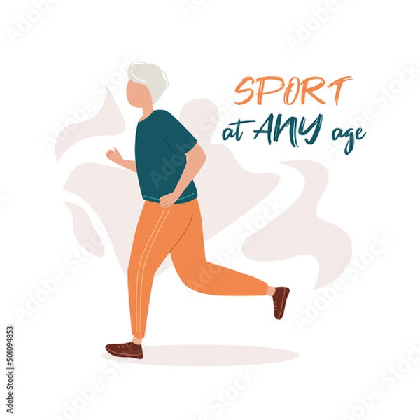 Fototapeta Sports at any age. An elderly man is running. Healthy lifestyle. Grandpa plays sports. Flat illustration, banner.