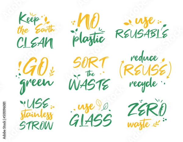 Fototapeta No plastic, zero waste. A set of stylish green and yellow inscriptions on the theme of caring for nature. Use reusable, go green, sort waste, use steel straw. Flat vector illustrations and elements.