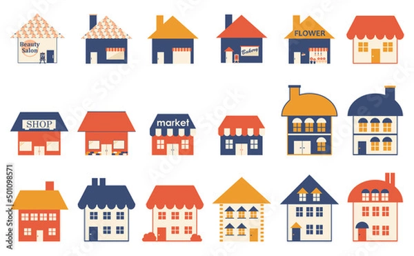 Fototapeta お店・住宅の建物の外観　アイコンイラストのセット