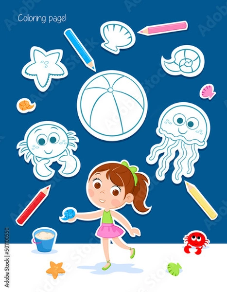 Fototapeta Summer fun - Little girl on the beach - Coloring page - Lovely educational game for preschool and school children