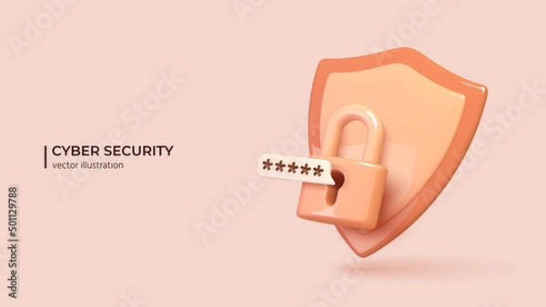 Fototapeta Cyber security concept. Realistic 3d padlock with password and shield. The concept of mobile phone and personal data protection. Vector illustration