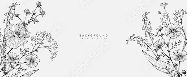 Fototapeta Luxury botanical background with trendy wildflowers and minimalist flowers for wall decoration or wedding. Hand drawn line herb, elegant leaves for invitation save the date card. Botanical rustic