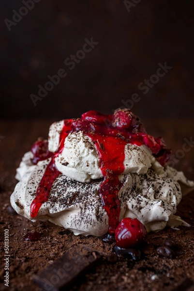 Obraz Meringue cake with chocolate and cherries