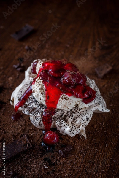 Obraz Meringue cake with chocolate and cherries