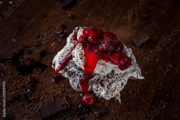 Obraz Meringue cake with chocolate and cherries