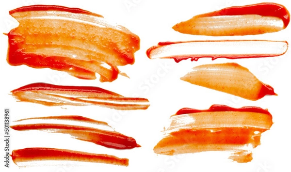 Obraz Ketchup spots and lines. Collection of different ketchup shapes isolated on white background.