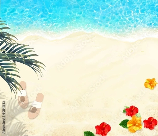 Obraz 上から見た夏の砂浜とエメラルドグリーンの海の波打ち際サンダルと足跡ーハイビスカスとヤシの背景素材
