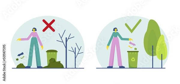 Obraz 
good and bad
ecology garbage sorting social poster on the theme of garbage in parks